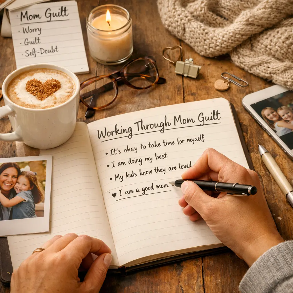 mom journaling with coffee working through mom guilt