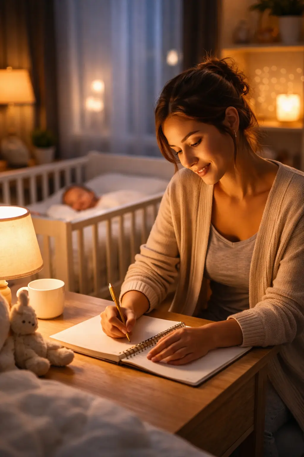 new mom journaling with coffee in the morning