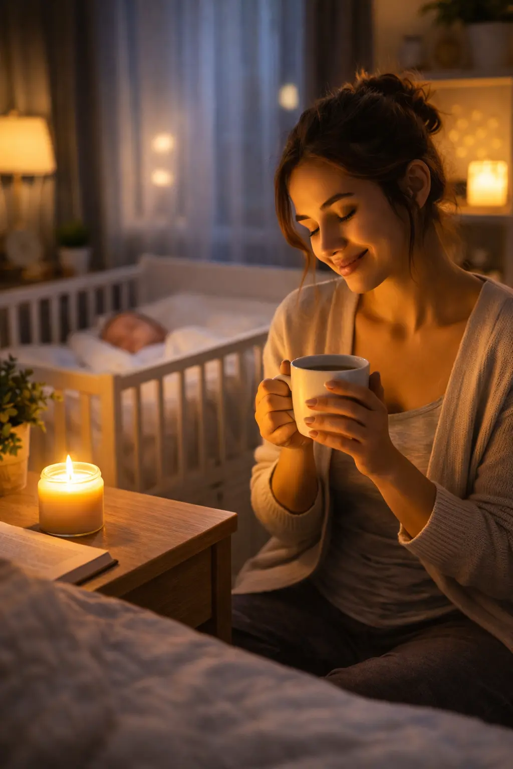 mom taking a quiet moment for herself with tea and a candle