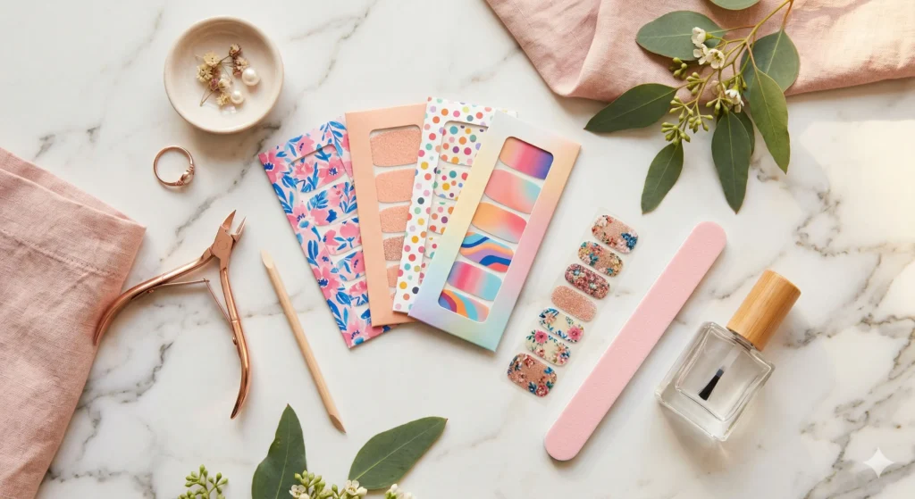 flat lay composition on a white marble surface with eucalyptus and pink linen.