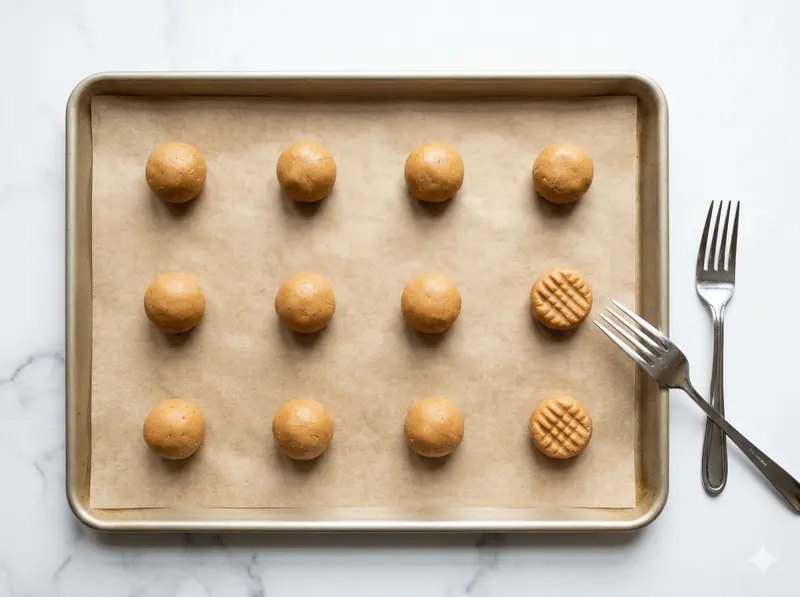 Peanut butter cookie dough balls on baking sheet before baking — easy 3 ingredient recipe