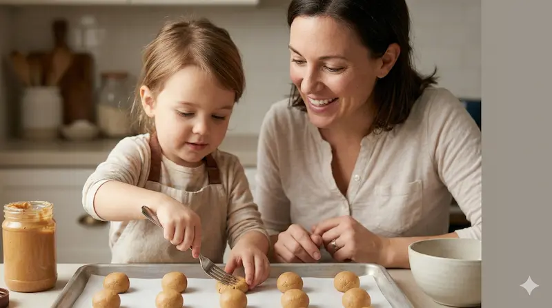 Mom and child pressing fork crosshatch into peanut butter cookies together — easy baking with kids
