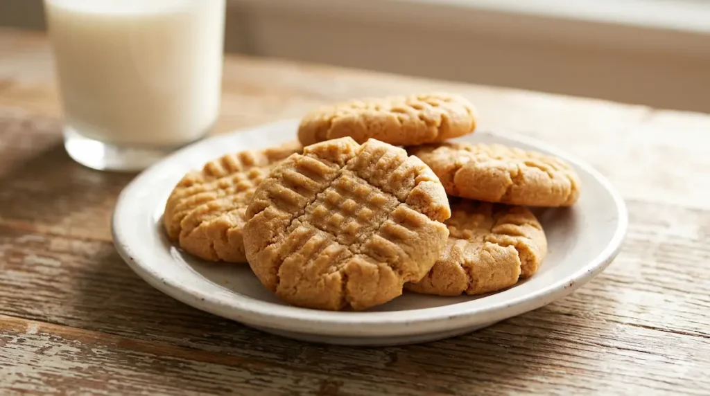 3-ingredient peanut butter cookies on a plate — easy no flour cookie recipe