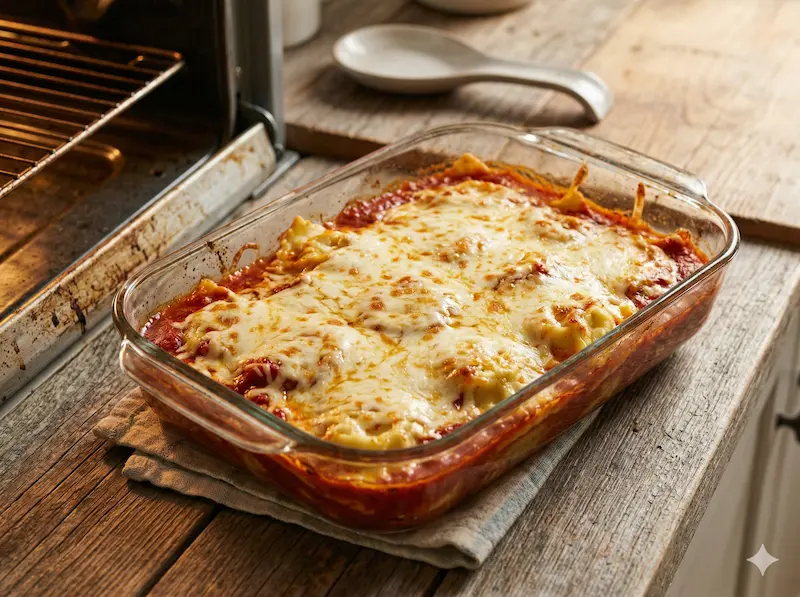 Easy ravioli lasagna bake in a dish — 5 ingredient dinner hack for picky eaters