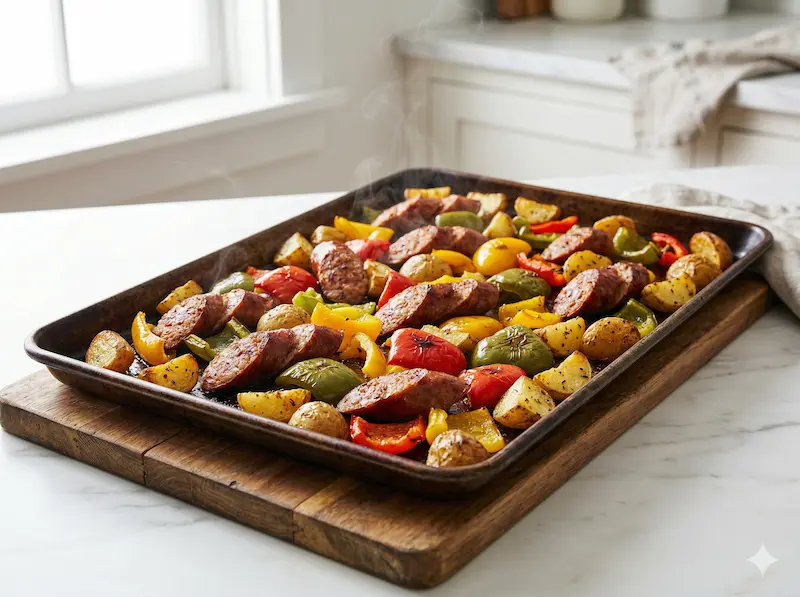 Sheet pan sausage and peppers dinner — easy one pan meal for busy moms