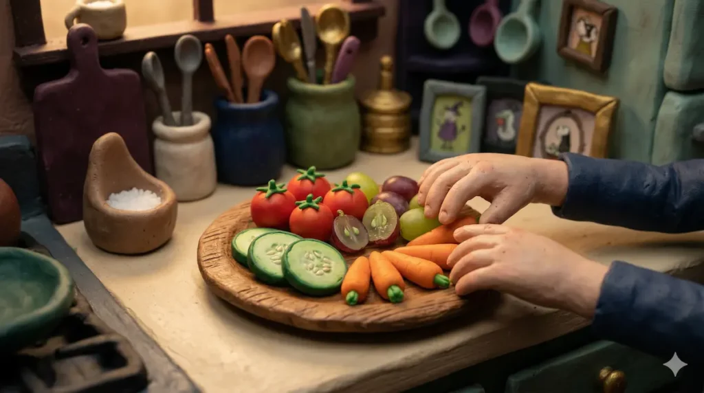 Child's hands reaching for fruit and vegetable snacks on awooden snack plate claymation