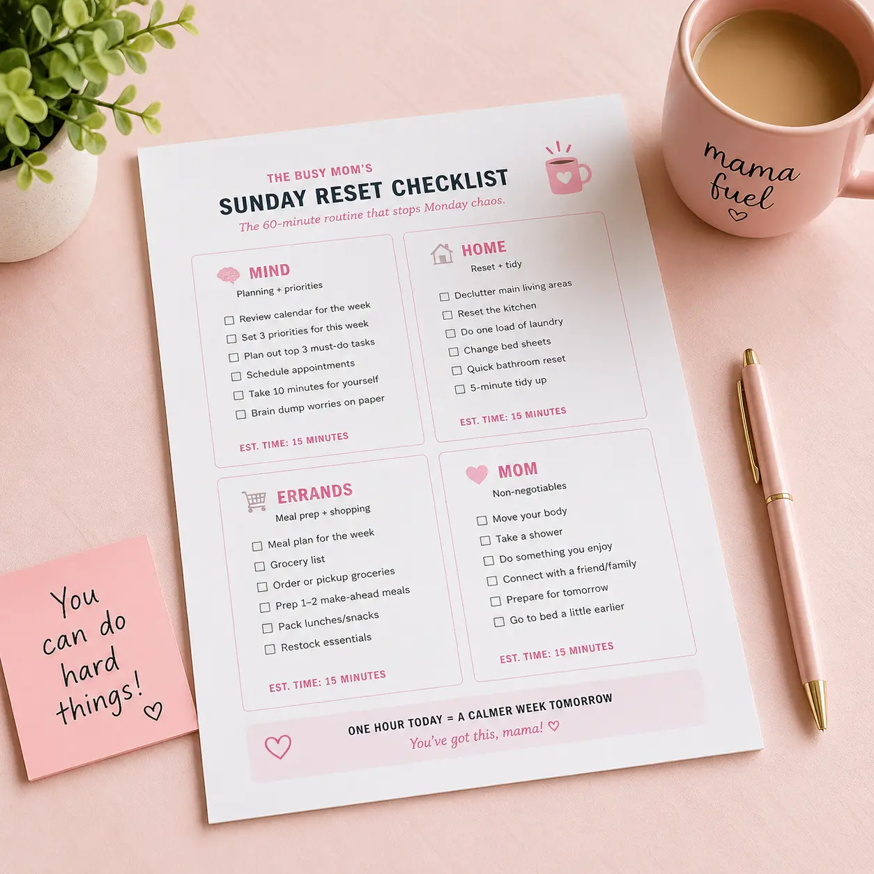 The Busy Mom's Sunday Reset Checklist — printable flat lay