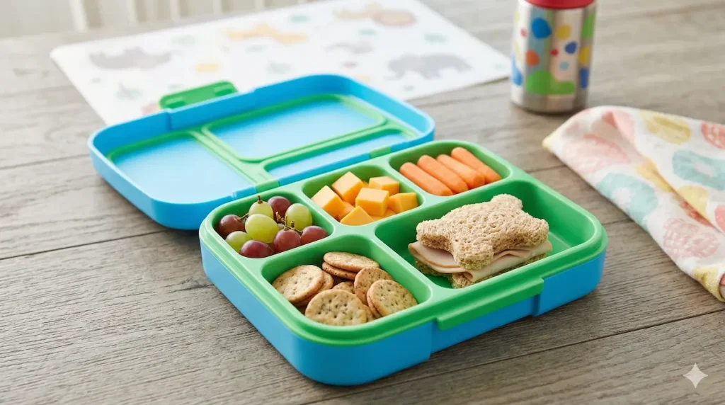 Best products for picky eaters — colorful bento box with separated foods on a kids table