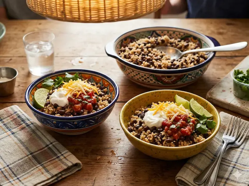Budget dinner ideas — rice and black beans bowl with toppings for a family under $10