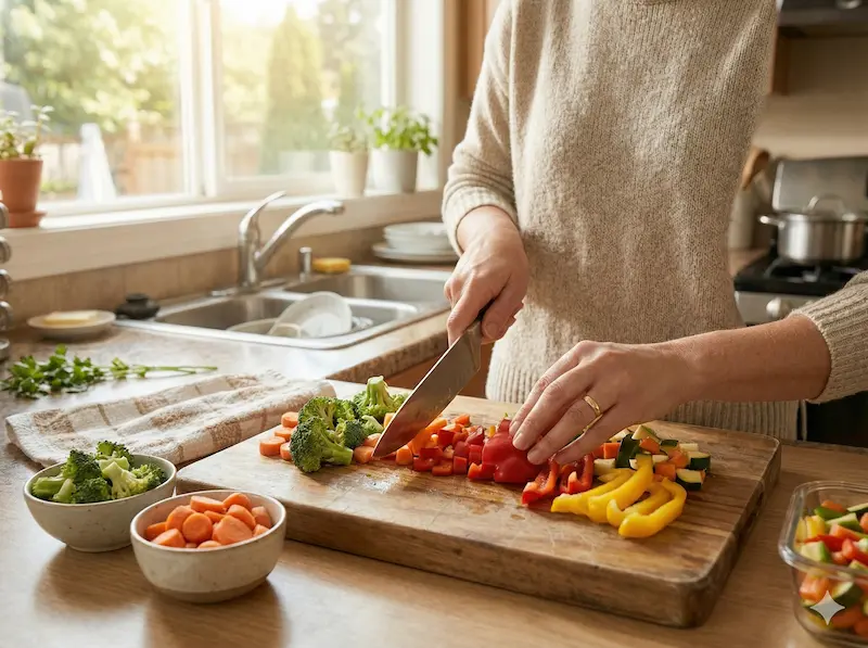 Beginner Sunday meal prep — chopping vegetables for the week on a cutting board