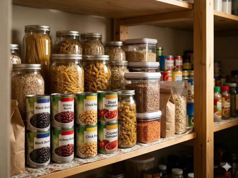 Budget pantry staples for a family grocery list — rice, beans, pasta and canned goods organized on shelves