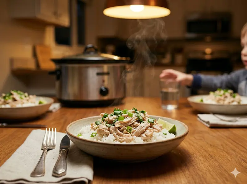 Budget slow cooker family dinner served — shredded chicken over rice from crockpot