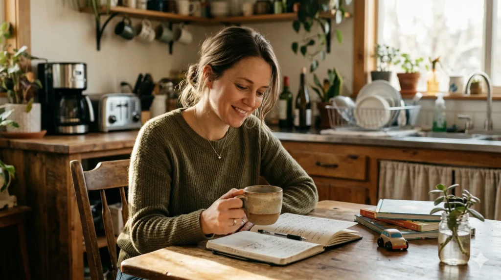Busy mom sitting at kitchen table with coffee and notebook instead of cleaning