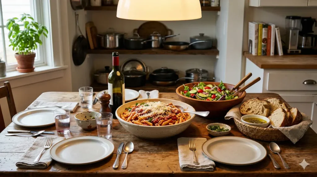 pasta and sauce with salad and bread cheap-dinner-ideas