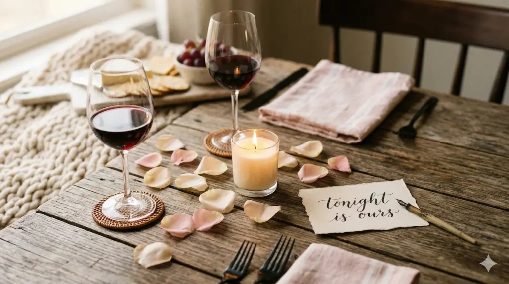 Cozy at-home date night setup with wine glasses, candlelight, rose petals, and a handwritten note on a wooden table