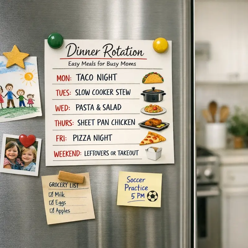 dinner rotation card on fridge for busy moms