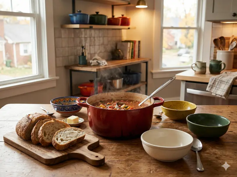 Family dinner under $10 — homemade soup and bread on the table for four