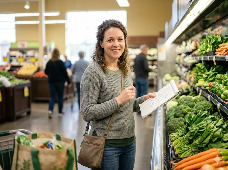 Mom grocery shopping on a budget — checking list in the store produce section