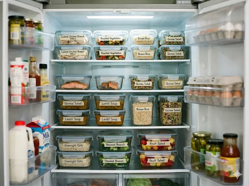 Easy meal prep ideas — organized fridge with labeled containers after Sunday prep