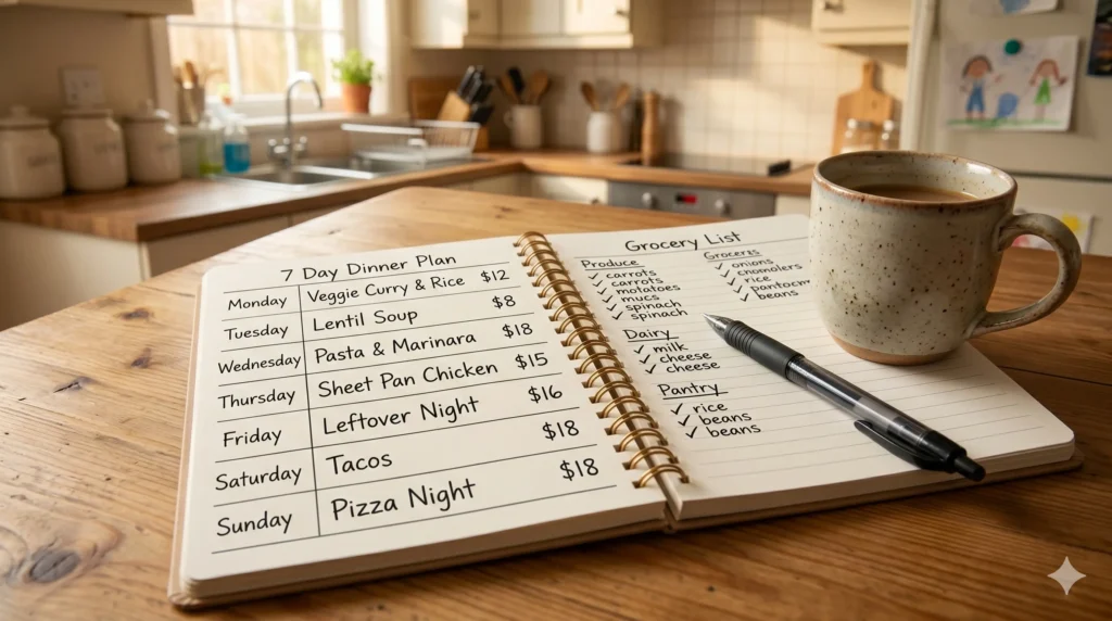 Frugal meal plan for a family — weekly dinner plan written in a meal planning notebook