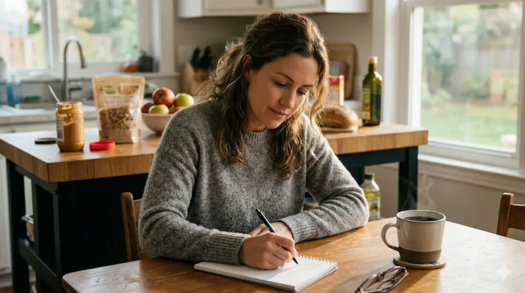 Grocery list for a family on a budget — mom writing a shopping list at the kitchen table