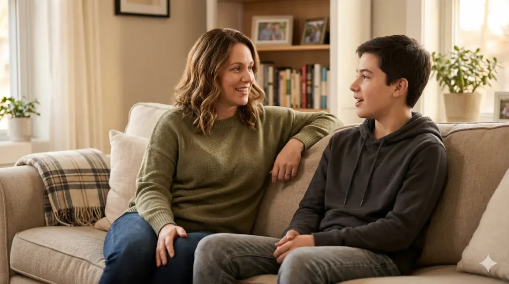 How to Talk to Your Teen (When They've Stopped Talking to You) 2 Mom and teenager having a calm conversation on the couch — how to talk to your teen