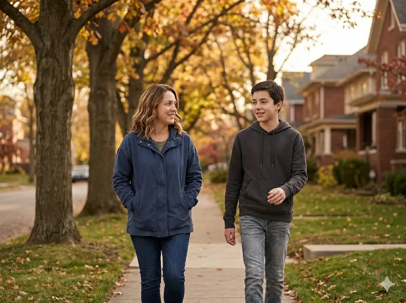 Mom and teen walking side by side outdoors — conversation tips for talking to teenagers