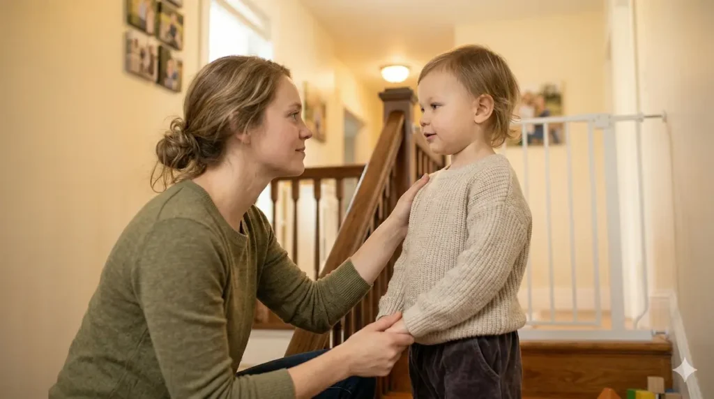 Mom connecting with child at eye level — authoritative parenting style in real life
