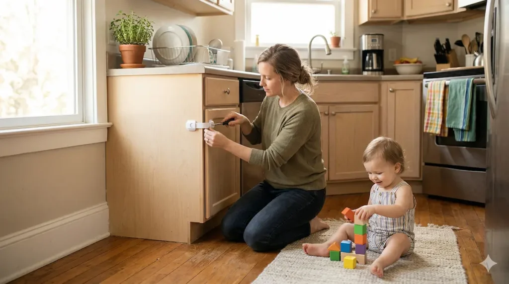 Mom installing cabinet safety lock while toddler plays nearby — child proofing the kitchen