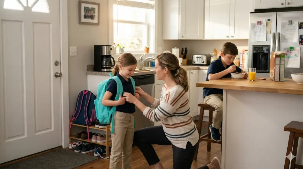 Busy mom and kids getting ready for school in the morning — school run morning routine