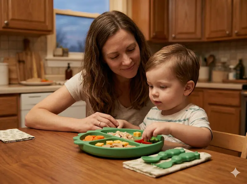 Mom and child at dinner table with a calm mealtime setup — picky eater strategies for busy moms