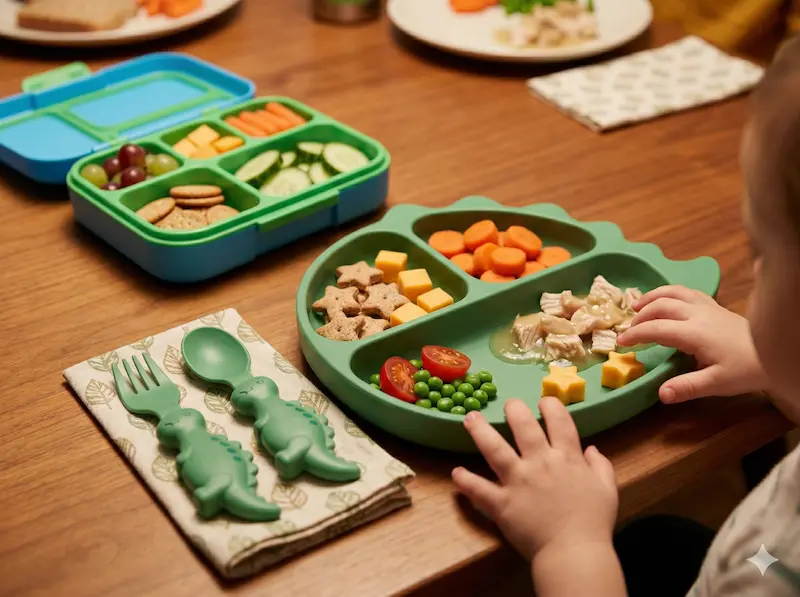 Fun dinosaur-shaped kids utensils and food tools for picky eaters at the dinner table