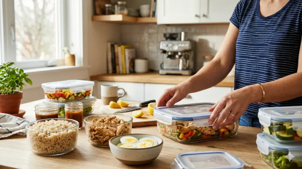 counter with several glass containers of prepped ingredients — cooked rice, shredded chicken, chopped vegetables, hard boiled eggs