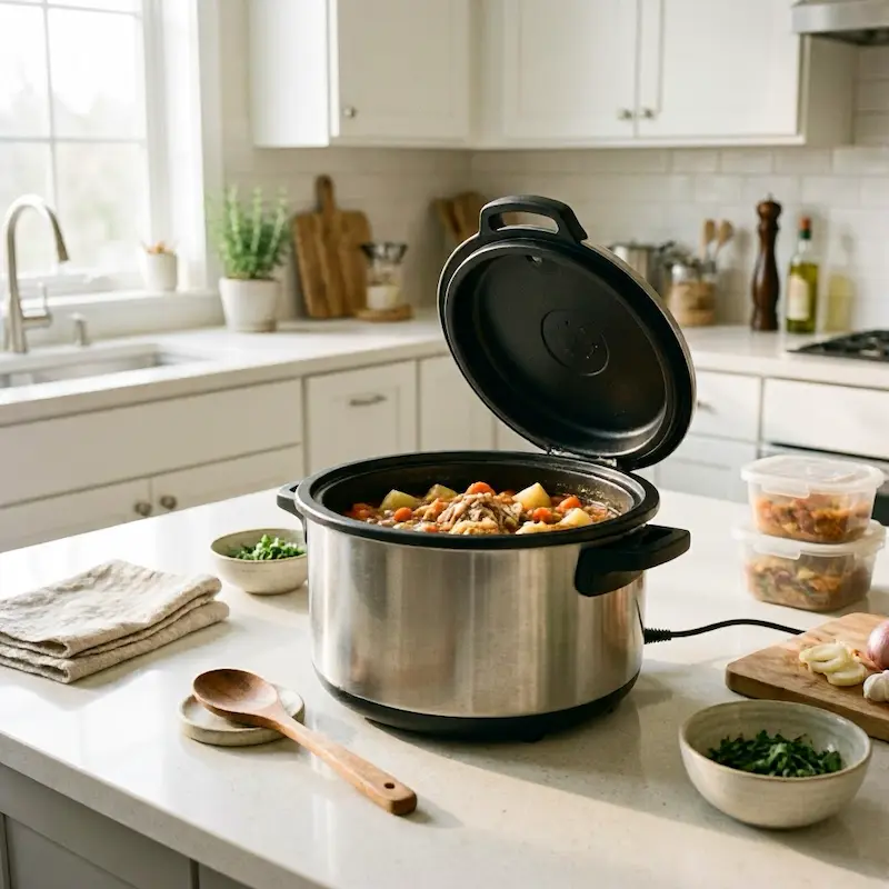slow cooker on kitchen counter for easy weeknight dinners