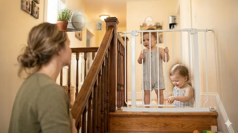 Cabinet safety lock installed on kitchen cabinet — child proofing home checklist