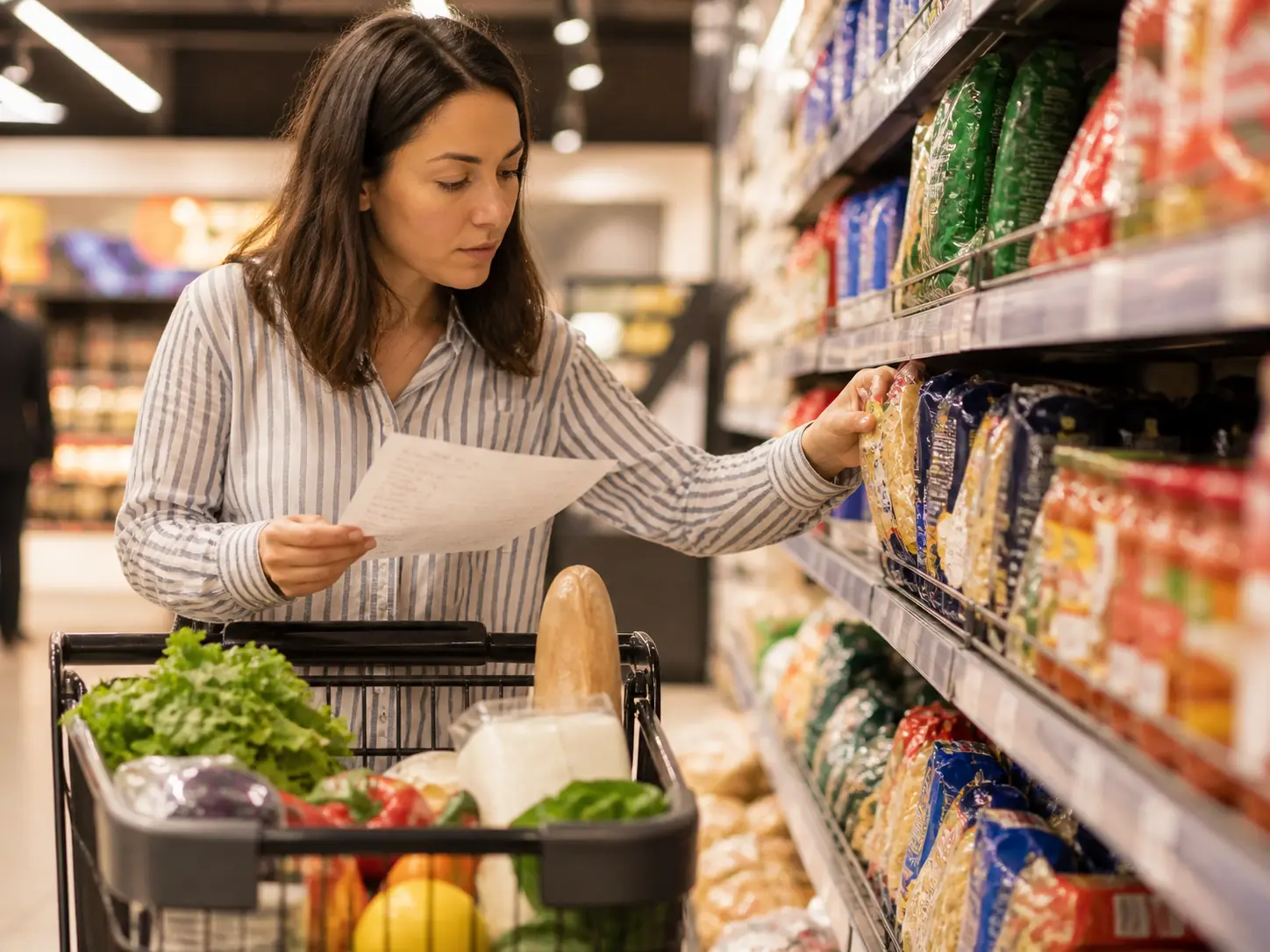 How to cut your grocery bill in half — mom shopping with a strict list on a budget