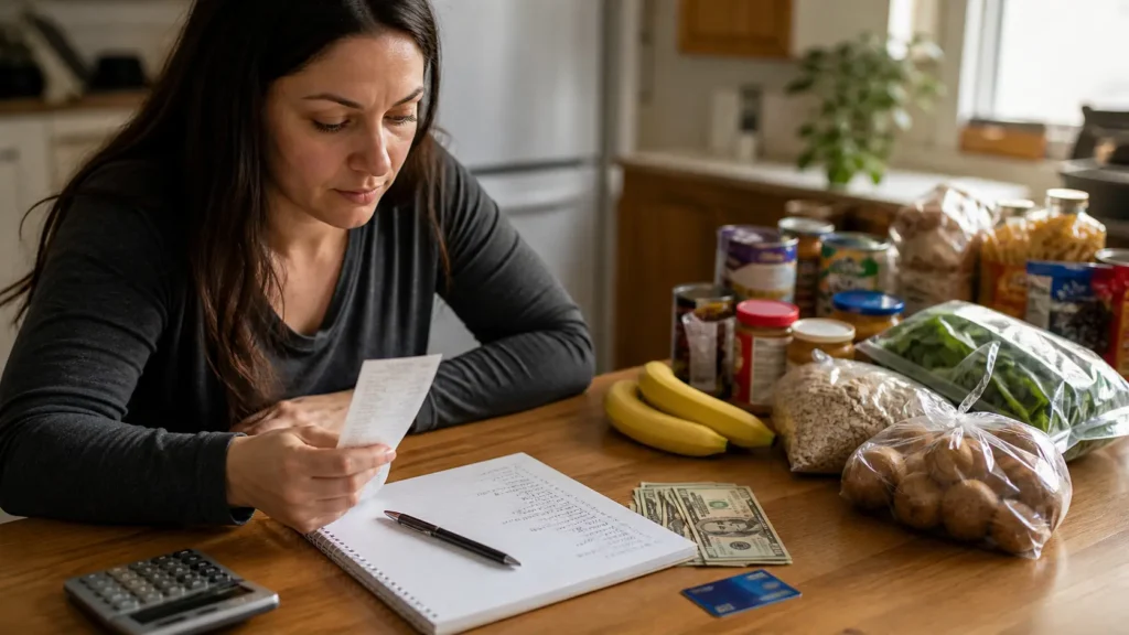 $300 a month grocery budget family — organized receipt and grocery list on kitchen counter