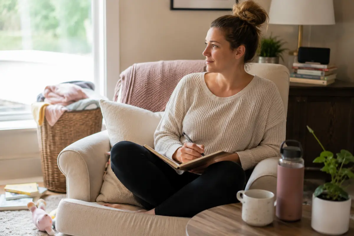 Mom sitting quietly with a journal outside — small steps in mom burnout recovery