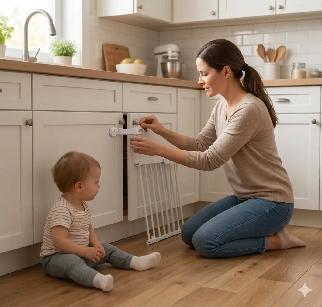 Cabinet safety lock installed on kitchen cabinet — child proofing home checklist