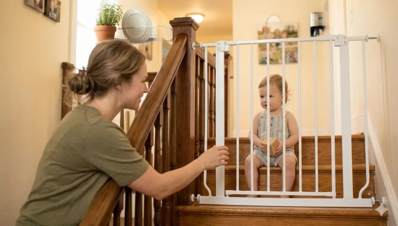 Hardware-mounted stair safety gate — baby proofing checklist for busy moms