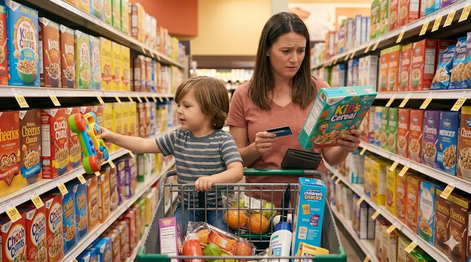 Unexpected kids expenses — overflowing cart of school supplies and snacks