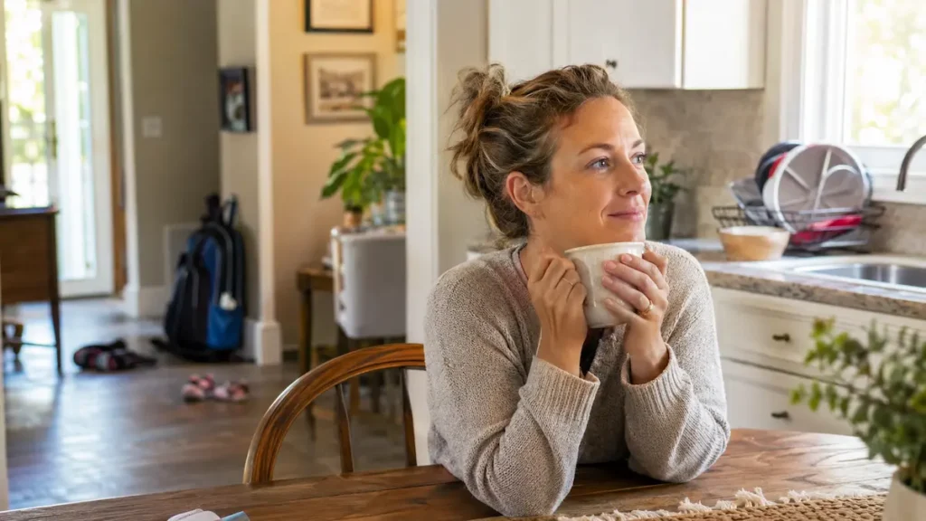 Tired mom sitting at a kitchen table with a mug in a lived-in family home, representing mom burnout