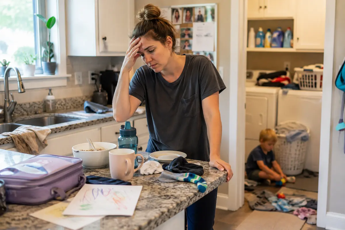 Overwhelmed mom in living room surrounded by kids' clutter — signs of being a burned out mom