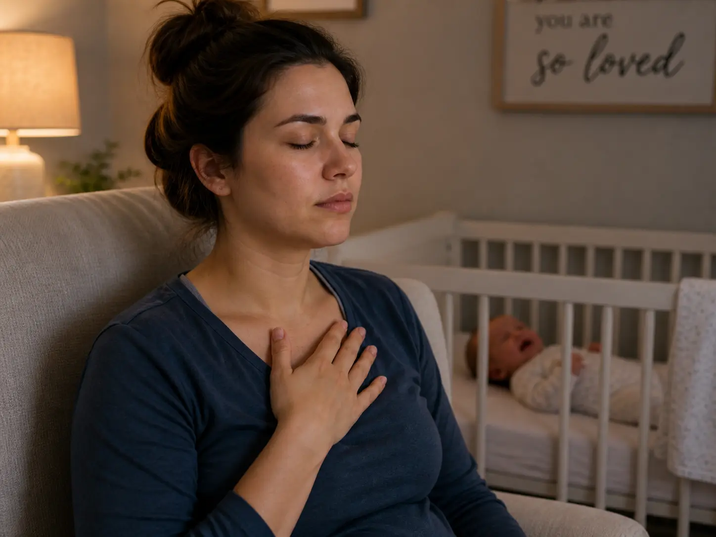 New mom deep breathing to stay calm while baby cries — postpartum stress management
