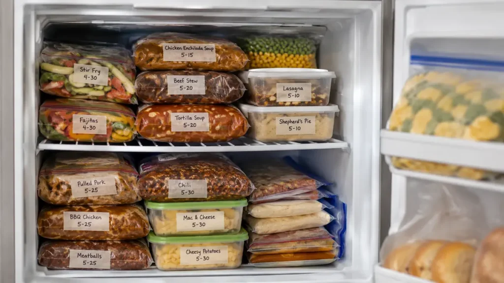 Budget-friendly freezer meals — labeled freezer bags and containers stacked in freezer
