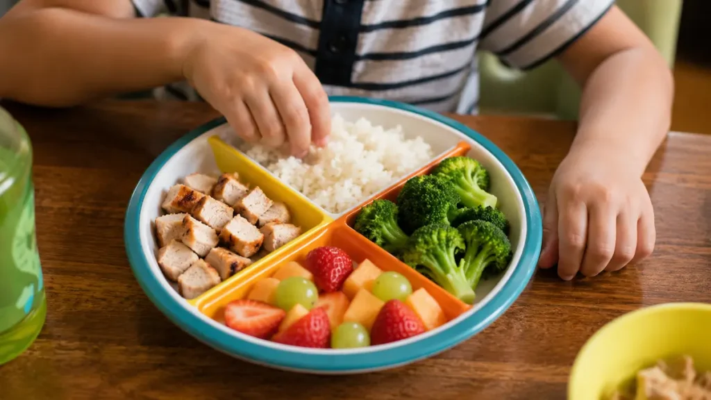 Cheap healthy meal for kids — colorful divided plate with balanced budget dinner