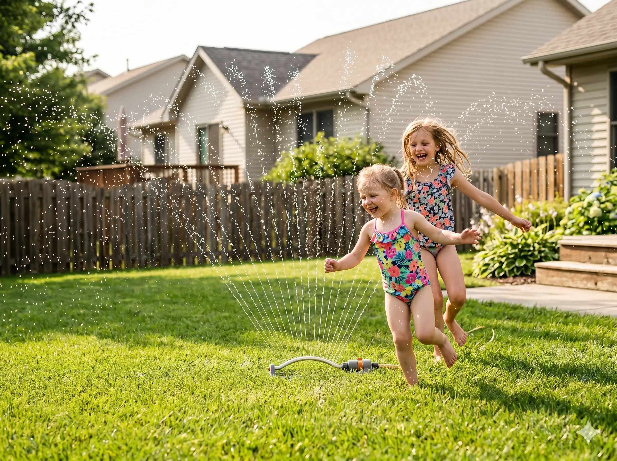 Kids playing in a backyard sprinkler — cheap summer activity idea at home