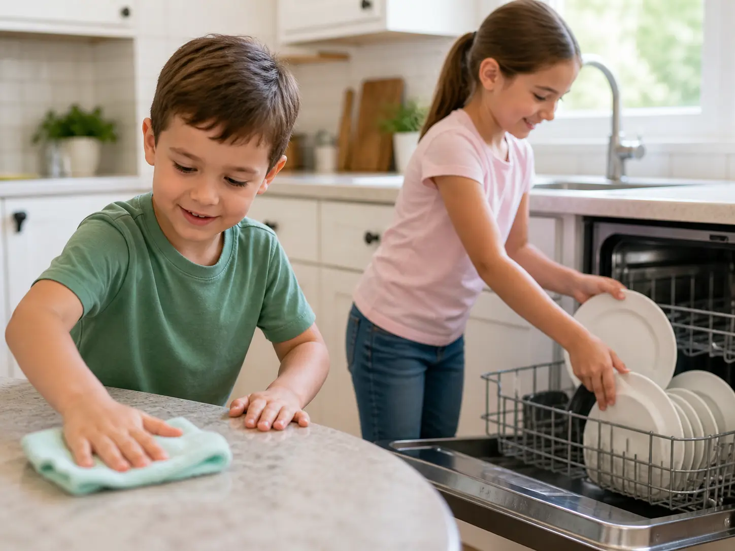young kids doing age appropriate chores at home independently