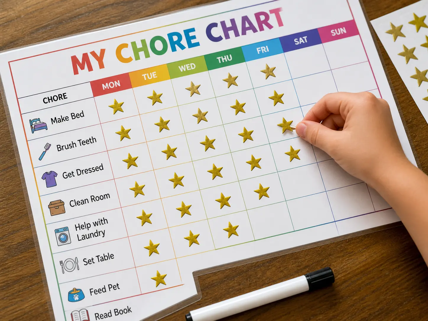 kids chore chart with star reward system filled in for the week