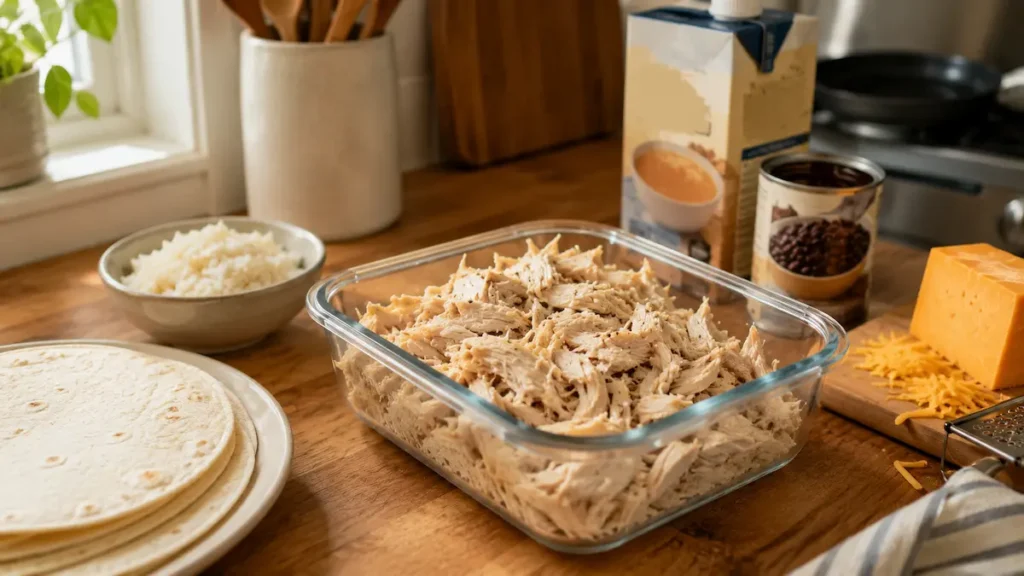 Glass container of shredded chicken with weeknight dinner ingredients — cook once eat twice chicken meal prep system